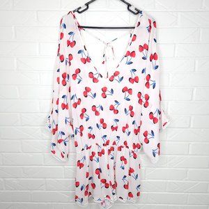 Kate Spade Cherry Toss Romper White Red Cherry Print Preppy Swim Cover Up M Flaw